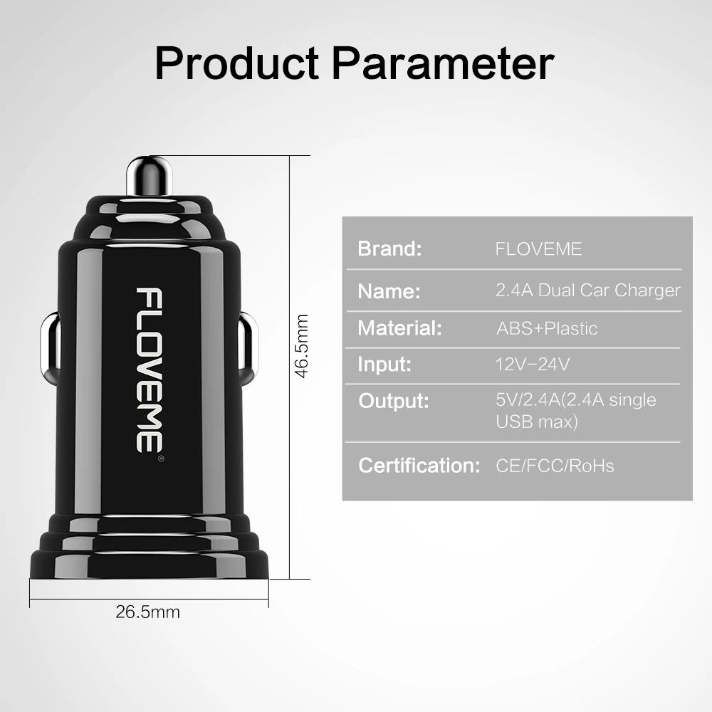 FLOVEME зарядное устройство для телефона Mini Dual USB Автомобильное зарядное устройство 2.4A быстрое зарядное устройство для iPhone X Xiaomi универсальное автомобильное зарядное устройство зарядка для айфона зарядка