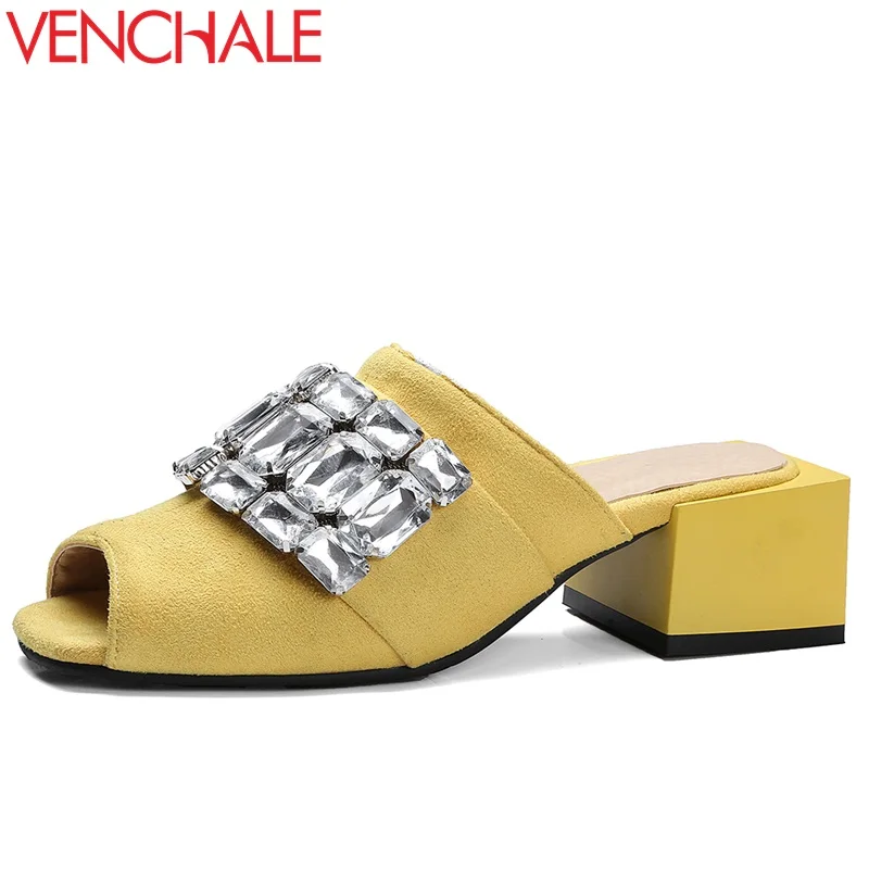 

EGONERY newest high quality flock women slippers peep toe female rhinestone decoration summer out side shoes fashion mules shoes