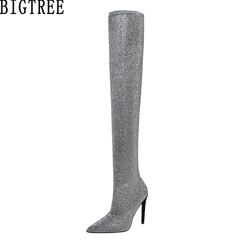 

BIGTREE Women Over The Knee Thigh High Boots Stretch Boots Glitter Bling Bootie Pointed Toe High Heel Stilettos Party Clubwear