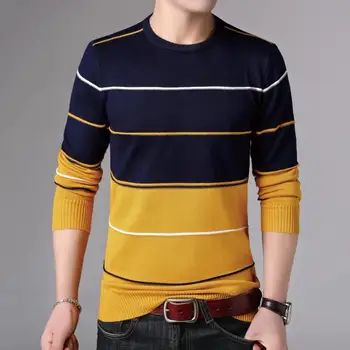 

Woolen sweater round neck slim fit pullover sweater youth bottoming shirt 2019 spring and autumn new striped men's sweater