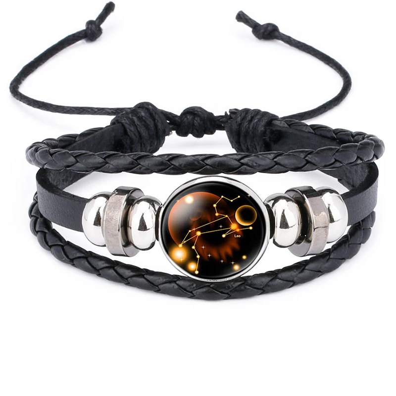 

12 Constellations Time Gems Handsome Bracelets Bangles Multi-layer PU Leather Alloy Jewelry Retro for Women Rope Chain 6C0967
