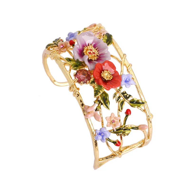 

Luxury statement flowers branch hollow adjustable bangles for women enamel glaze luxurious poppy bracelets party jewelry