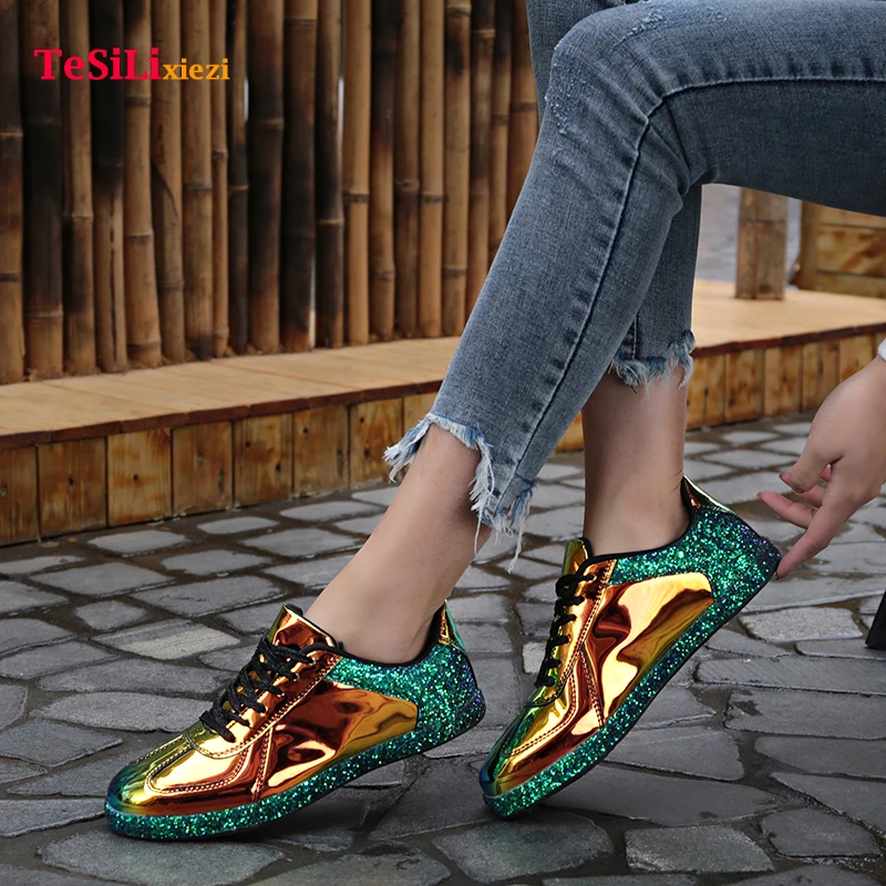 Zapatillas de deporte de PU con lentejuelas para mujer, zapatos planos informales de mezclilla, zapatillas de deporte con estrellas, zapatos de suela de caminar, novedad|Zapatos planos mujer| - AliExpress