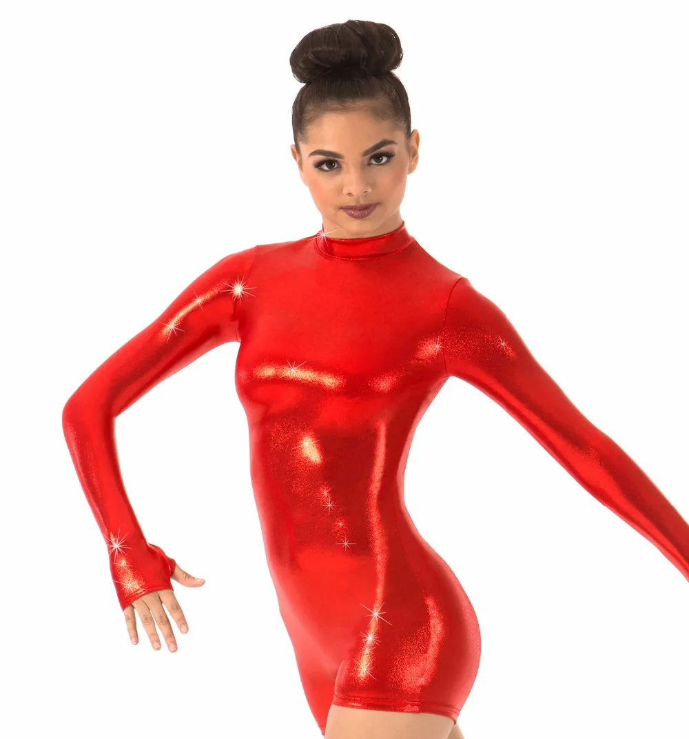Women Long Sleeve Shorty Unitard Turtleneck Biketards Gymnastics Stage Performance Dance Costumes