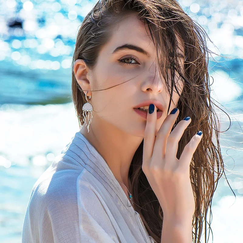 

SW brand new sparkling zircons opal pure 925 sterling silver jellyfish drop earrings for beloved girl dangling fashion jewelry