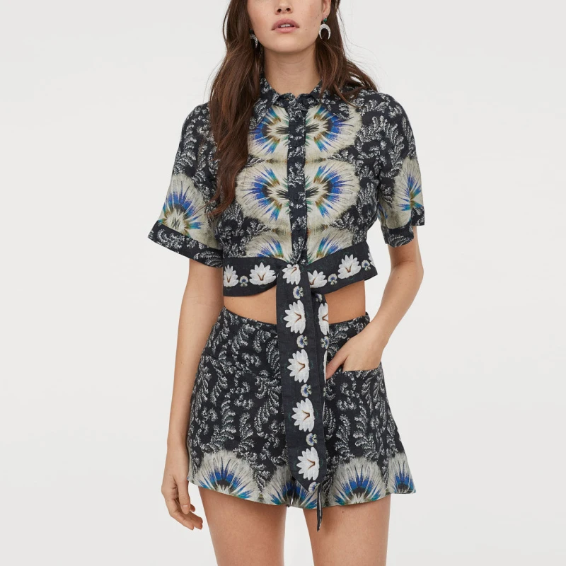 

Boho Floral Printed Blouse Shorts Flare Sleeve V-Neck Women Top and Bottom Summer Blouse + Shorts Casual Crop Top Blouse Set N