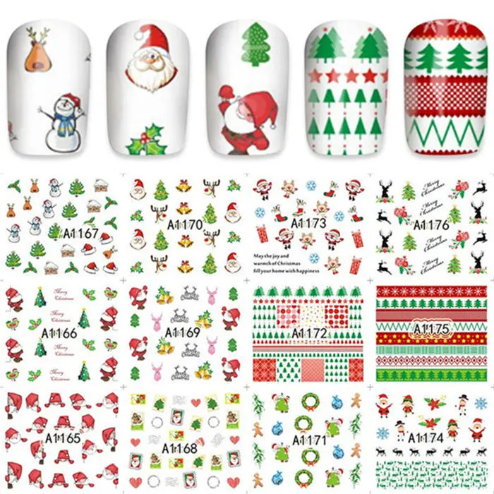 12 листов, Рождественская водная наклейка, наклейки для ногтей, слайдер, тату, полное покрытие, Санта Клаус, снеговик, дизайнерские наклейки, A1129-1188 - Цвет: A1165-1176