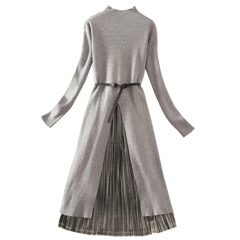 Mooirue 2PC Irregular Long Sweater Split Dress + Pleated Skirt Women Autumn Winter Elegant Suits Waist Belt Included