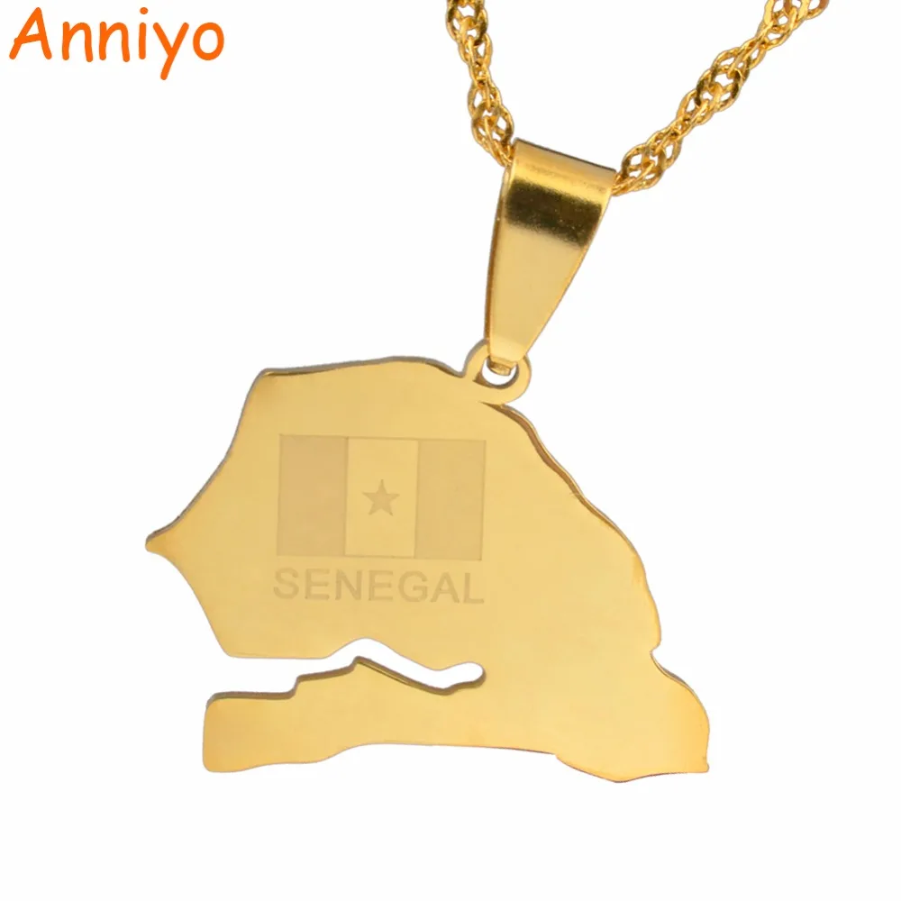 

Anniyo Senegal Map & Flag Charm Pendant and Thin Necklaces for Women/Girl Gold Color Jewelry African Map of Senegalese #025921
