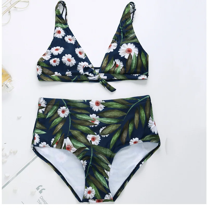 

Sexy High Wait Women V-neck Two-piece Split Bikini Sets Floral Printed Green Swimsuit Tankini Bathing Suits European American