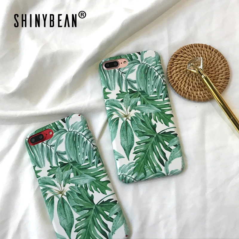 

ShinyBean Tropical Leaves Phone Cases For iPhone 7 Green Leaf Matte Case For iPhone 8 7 6 6S Plus X Plants Frosted PC Back Cover