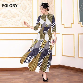 

High Quality New 2019 Autumn Long Dress Plus Size XXXL Women Turn-down Collar Polka Dot Print 3/4 Sleeve Vintage Long Maxi Dress