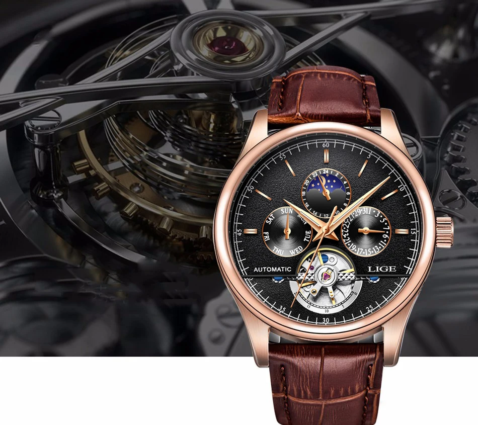 LIGE Брендовые мужские часы автоматические механические часы Tourbillon спортивные часы кожаные повседневные деловые часы в ретро-стиле Relojes Hombre