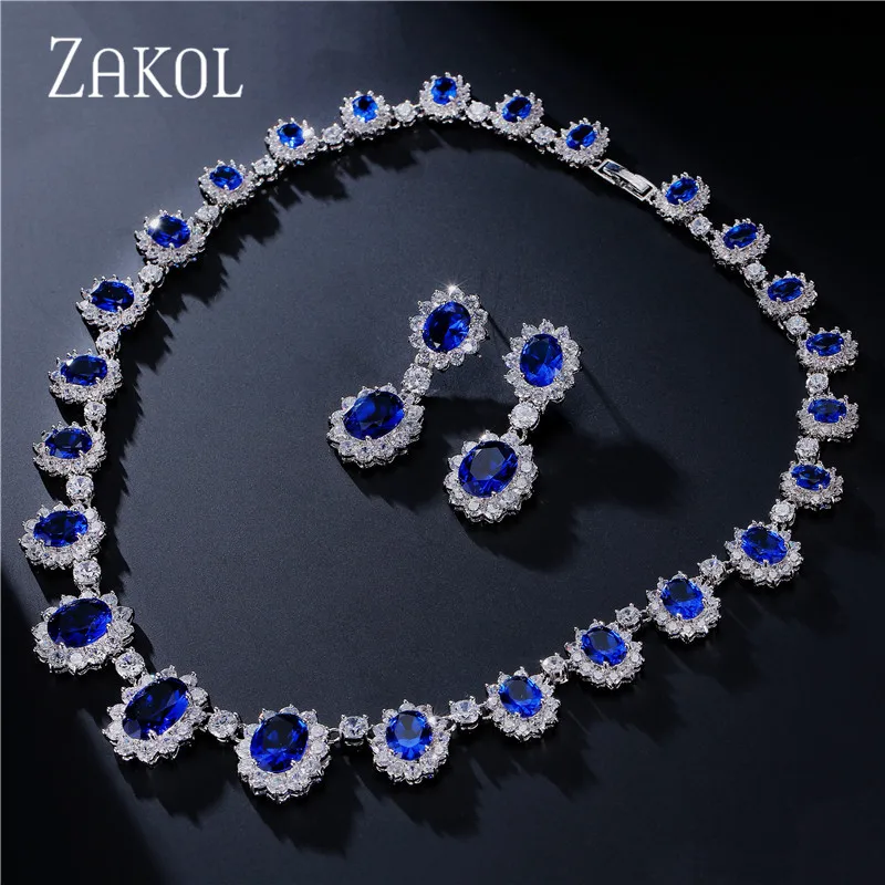 

ZAKOL Exquisite Oval Blue Zirconia Surouded Micro Inlay Jewelry Set With Luxury Silver Color For Bridesmaid Jewelry FSSP018