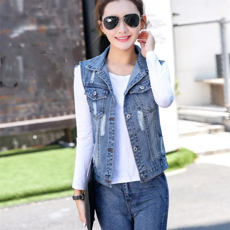 

Fashion Spring Summer Short Denim Vest Women 2019 Casual Slim Sleeveless Hole Jeans Jackets Coats Female Waistcoat