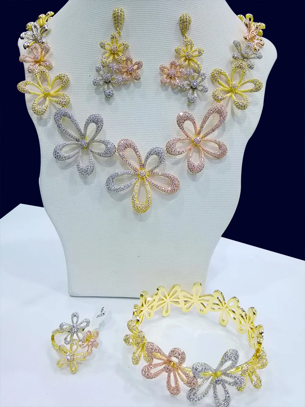 GODKI Luxury 3 Tone Flower 4PCS Nigerian Jewelry sets For Women Wedding Cubic Zircon Crystal CZ Bridal Earring Ring Sets 2019