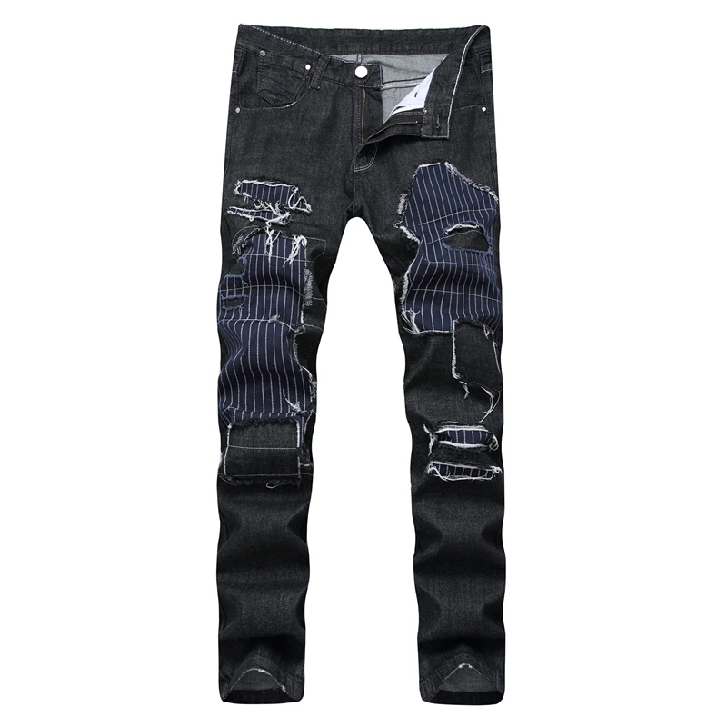 Gmancl Для мужчин лоскутное патч разрушенные Тонкий джинсовые штаны рваные повседневные Хип-хоп Высокое качество Уличная Для мужчин Прямые джинсы брюки