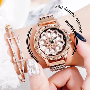 

Fashion watch for women stylish 360 Degree Rotating Fashion Diamond Dial To Run Ladies Quartz Mesh Belt Watch reloj mujer A