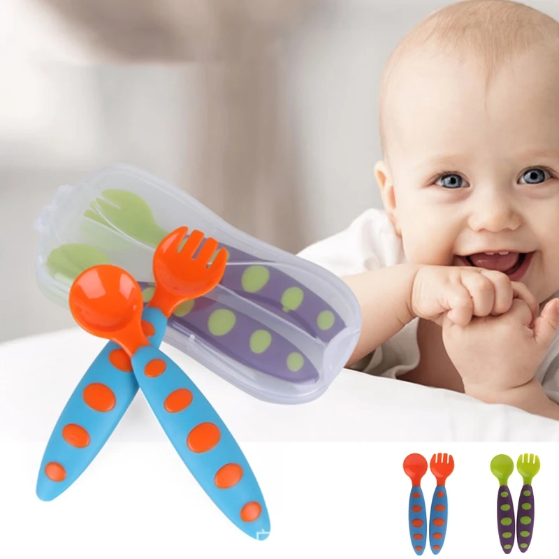

2Pcs Baby Spoon Fork Set Children Utensil Safety Tableware Feeding Flatware Gift Non Slip Grip Handle Dropshipping Feeding Spoon