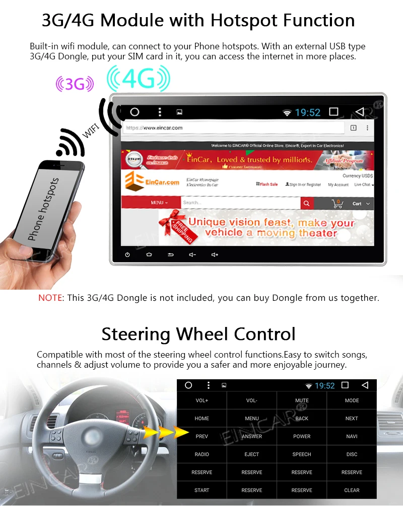 Flash Deal 10.1 Inch Eincar Double Din Android 7.1 Nougat System Car Stereo 2GB RAM 16GB ROM in Dash DVD CD Player Bluetooth Autoradio gps 5