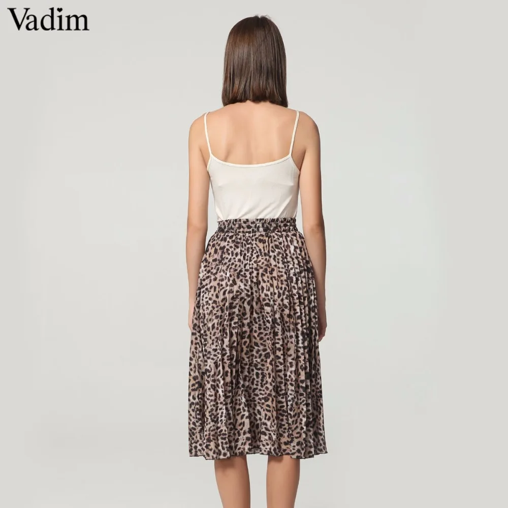 Vadim women stylish leopard print pleated skirt snake faldas mujer Drawstring tie elastic waist casual mid calf skirts BA108