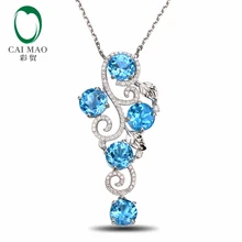 14 К Белое золото Природный Безупречный голубой топаз алмазный кулон