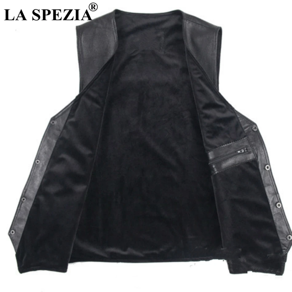 LA SPEZIA Men Sheepskin Vest Real Leather Waistcoat Plus Size Black Genuine Leather Jacket Male Luxurious Vest For Spring Autumn LA SPEZIA Men Sheepskin Vest Real Leather Waistcoat Plus Size Black Genuine Leather Jacket Male Luxurious Vest For Spring Autumn