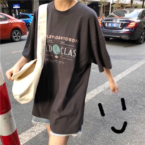 

Korean Style Oversize Loose Casual Basic Simple All Match 2019 Summer Spring Hit Street Letter Printed Short Sleeve Female Tees