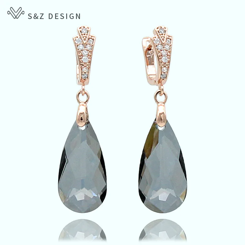 S&Z New 6 Colorful Imitation Crystal Long Water Drop Dangle Earrings 585 Gold Color For Women Wedding Party Gift Jewelry
