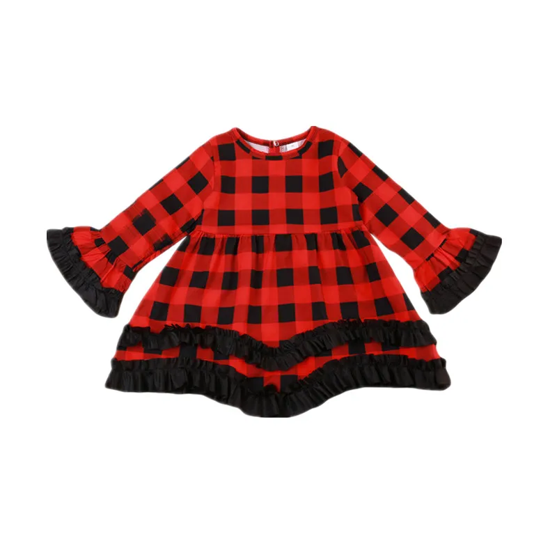 Новейшие Детские платья в клетку для девочек с кружевными рукавами; красные, черные платья в клетку; детская одежда для девочек 1-6 лет