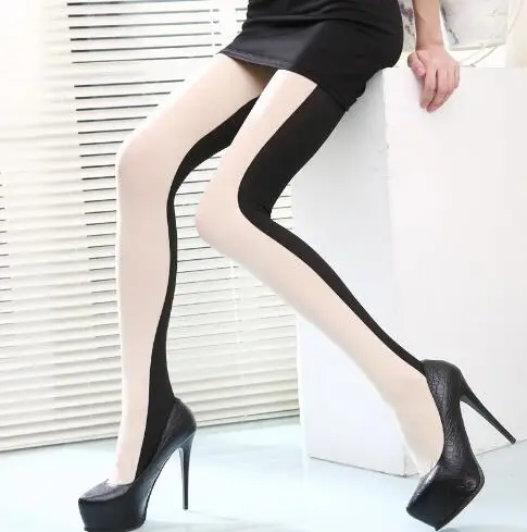 

Latest Sale Women Sexy Patchwork Stockings High Elastic Tights White Hosiery Female Long Pantyhose Double Color