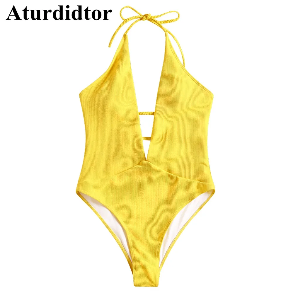 

Plunge Neckline Ribbed Plaited Halted Swimwear Women Yellow One Piece Swimsuit Bodysuit Sexy One-Piece Swim Bathing Suits Bather