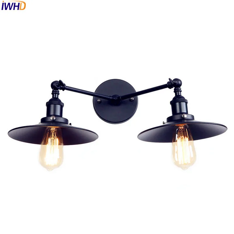 

IWHD 2 Heads Black Edison Wall Sconce Arm Home Lighting Adjustable Arm Retro Vintage Wall Lamp LED Stair Light Wandlamp
