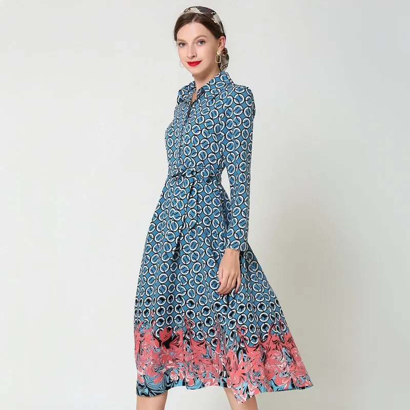 

CBAFU elegant print long dress women fashion long sleeve slim casual dresses vintage party turn down collar runway vestidos D483
