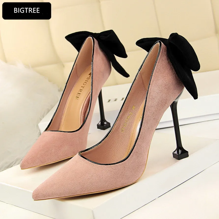 Cute Butterfly-knot Shallow High Heels Shoes Shallow Flock Pointed Toe Women Pumps 2018 Fashion New Ultra Heel 9.5CM For Ladies