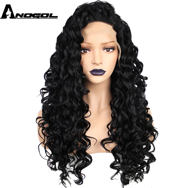 Anogol Высокая температура волокна бразильские волосы Perruque длинные кудрявые черные синтетические волосы на кружеве парик для афро-американских женщин