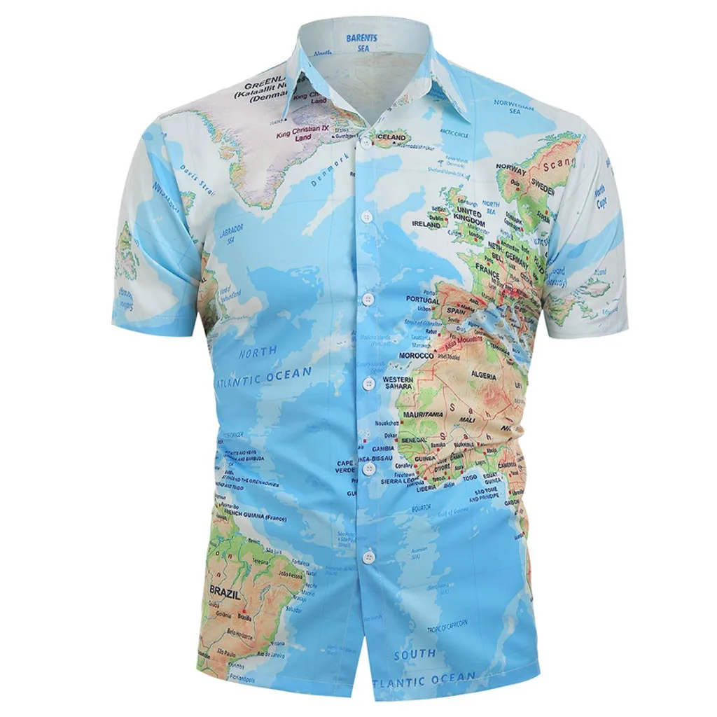 

feitong Men World Map Print With Button Shirt Summer Top Blouse 2019 New Fashion Printed Casual Short Sleeve Shirt Men Blouses