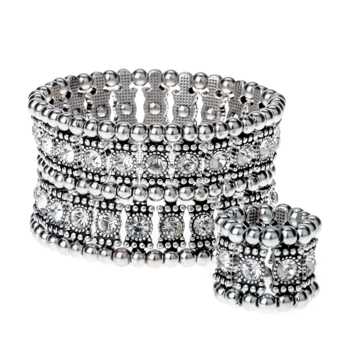 Multilayer stretch cuff bracelet ring sets wedding bridal crystal
