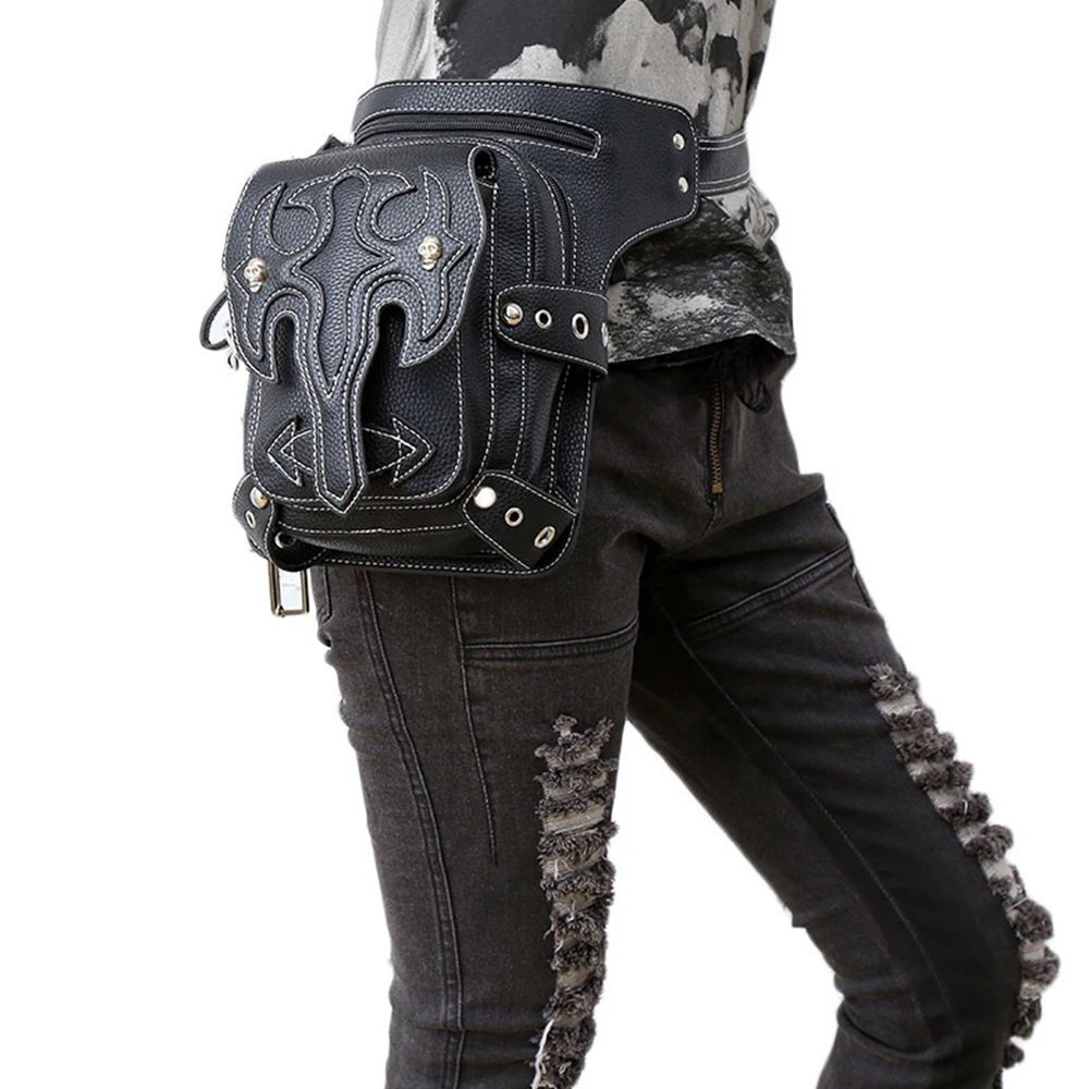 

New Black Bag Pu Leather Motorcycle Bag Female Cool Multi-function Travel Fashion Riding Leg Bag Girls Leather Handbag