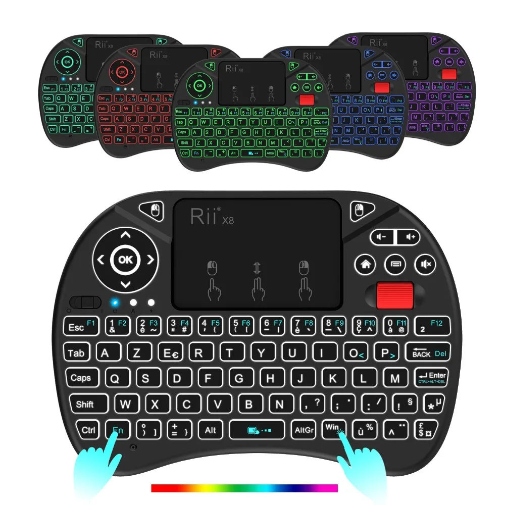 Original Rii X8 2.4GHz AZERTY Mini French Wireless Keyboard with Touchpad, changeable color LED Backlit, Li-ion Battery Original Rii X8 2.4GHz AZERTY Mini French Wireless Keyboard with Touchpad, changeable color LED Backlit, Li-ion Battery