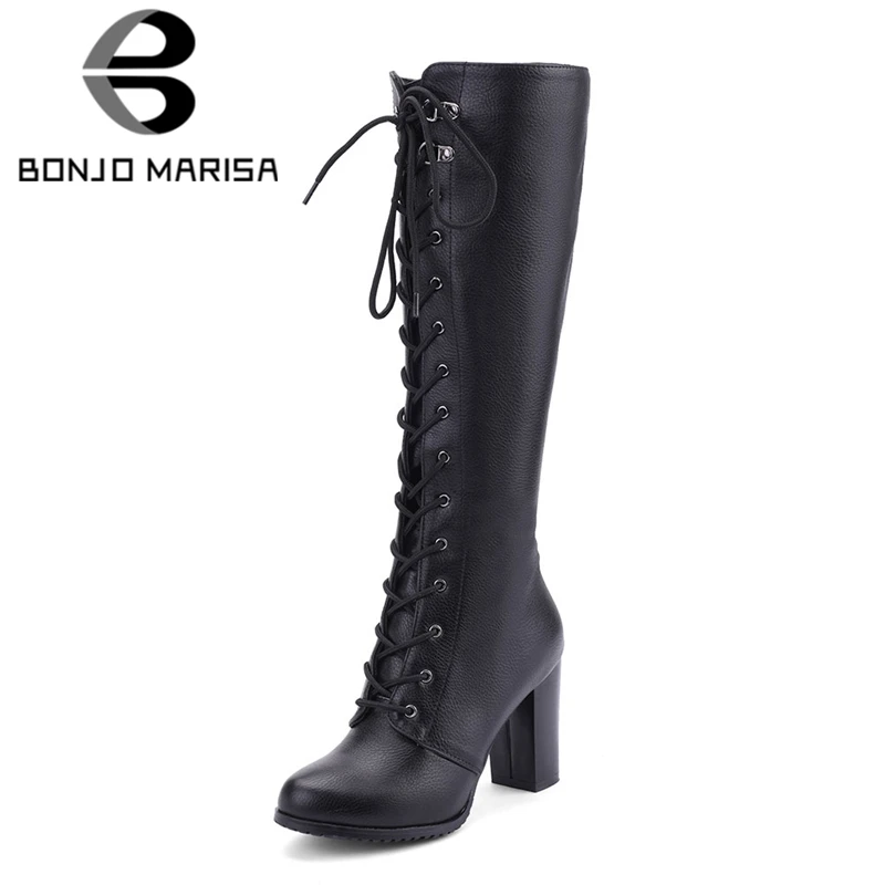 

BONJOMARISA Women Cool Knee Boots Square High Heel Shoes Woman Party Wedding Footwear Platform Lace Up Zipper Motorcycle Boots