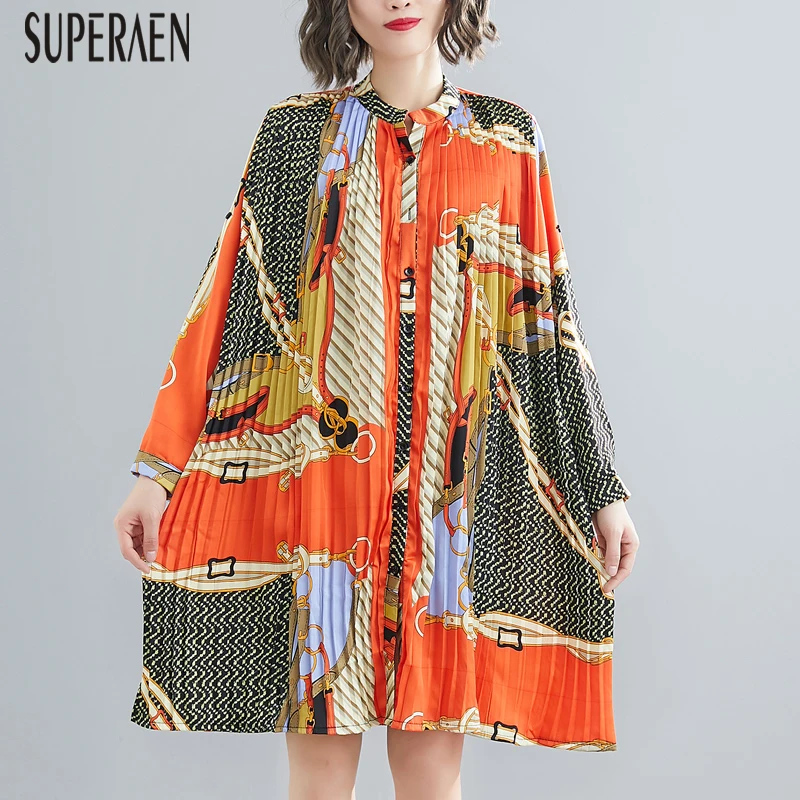 

SuperAen New Women Pleated Dress Print Long Sleeve Casual Chiffon Dress Female Summer 2019 Fashion Women Clothing