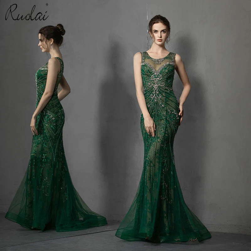 

Luxury Beading Green Mermaid Evening Dress for Ladies Sexy O-Neck Sweep Floor Trumpet Long Party Gown