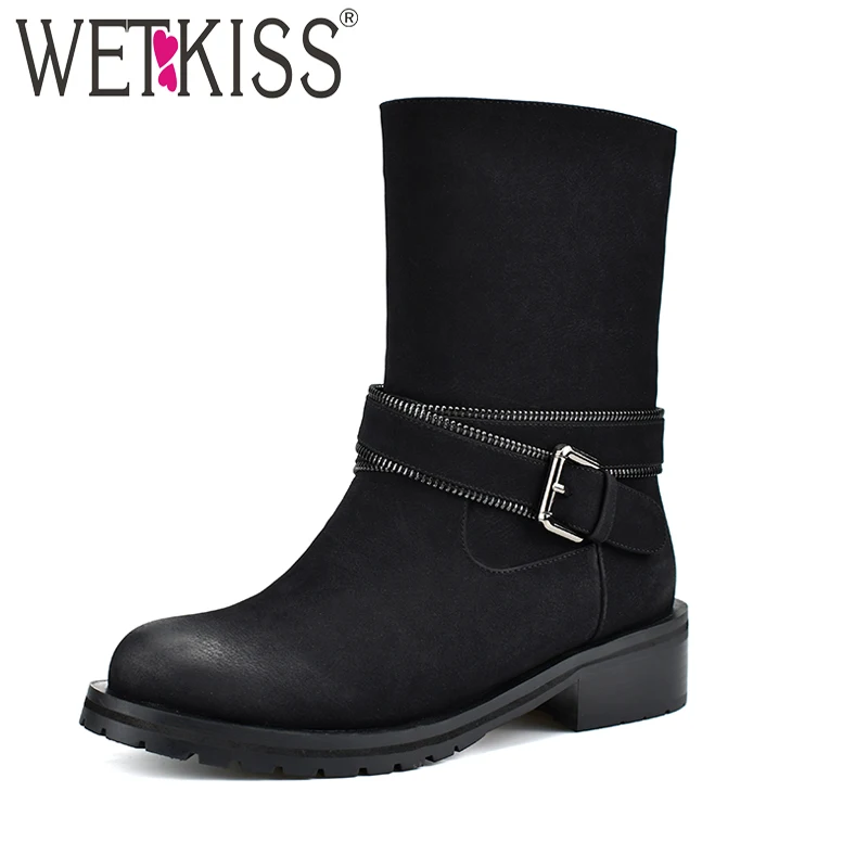 

WETKISS 2019 Newest Women Winter Boots Warm Plush Ankle bootie zip Chunky Heel Buckle Motorcycle Boot Woman Shoes Female