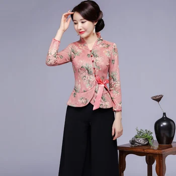 

Vintage Women Improved Flower Tang Clothing Sexy Slim Long Sleeve Shirt Autumn Print Blouse Chinese Style Clothes Plus Size 4XL