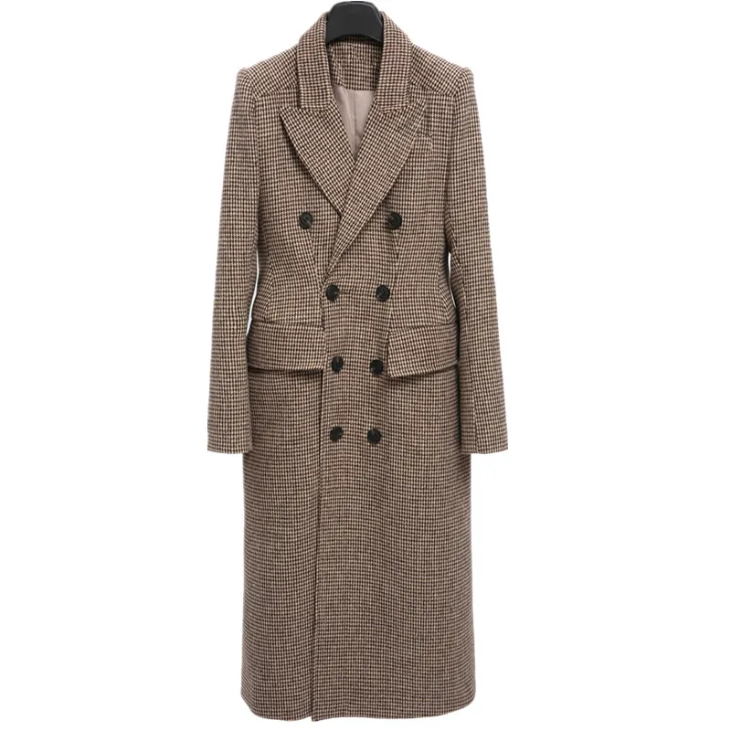 

wool coat women's long maxi coat winter houndstooth plaid Wool Blends coat fashion thick warm coat 2018 new high quality