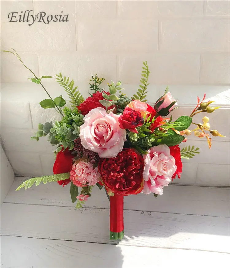 Западный искусственный букет невесты 2018 розовые красные розы лента брошь пион Свадебные цветы Свадебный букет Ramo Boda свадебный букет