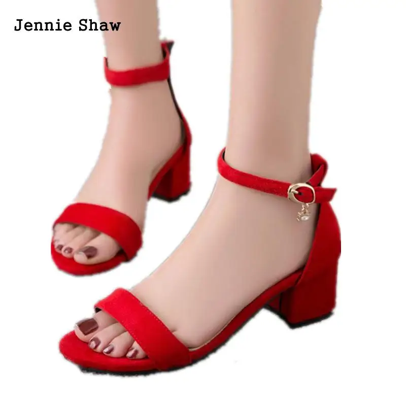 

Summer Comfortably Buckled Red Sandals Med Heel Ladies Sandals Red Blue Size 31 To 47