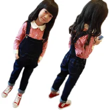 Демисезонный в Корейском стиле для маленьких девочек свободные джинсовые комбинезоны детские Костюмы Спортивный костюм для девочек джинсовые брюки детские брюки для девочек, штаны E414