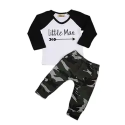 Комплект детской одежды из 2 предметов комплект для маленьких мальчиков хлопок письмо Камуфляж наряды футболка Топы Корректирующие + Брюки